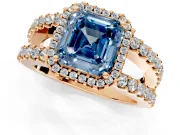 Halo Engagement Ring Setting for Fancy Blue Asscher Cut Center with Wide-Open Pave Split Shank and Prong Head in Rose Gold
