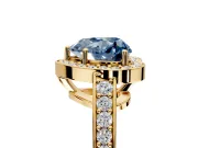 Bezel-Framed Halo Engagement Ring Setting for Fancy Blue Heart-Shaped Center with Pave Band and Prong Head in Yellow Gold