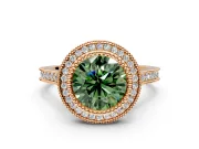 Halo Engagement Ring Setting for Fancy Green Round Cut Center with Milgrain Frame, Pave Band and Prong Head in Rose Gold