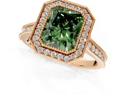 Halo Engagement Ring Setting for Fancy Green Radiant Cut Center with Milgrain Pave Band and Bezel Head in Rose Gold