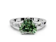 3 Stone Engagement Ring Setting for Fancy Green Heart-Shaped Center with Baguette Accents and Prong Head in White Gold