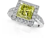 Bezel-Framed Halo Engagement Ring Setting for Fancy Yellow Princess Cut Center with Pave Band and Prong Head in Platinum