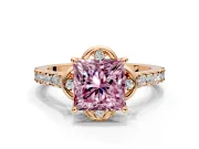 Floral Engagement Ring Setting for Fancy Pink Princess Cut Center with Pave Band and Floral Prong Head in Rose Gold