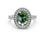 Halo Engagement Ring Setting for Fancy Green Oval Center with Milgrain Pave Band and Bezel Head in Platinum