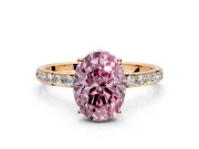 Hidden Halo Engagement Ring Setting for Fancy Pink Oval Center with Pave Band and Prong Head in Rose Gold