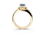 Paired Accent Engagement Ring Setting for Fancy Blue Emerald Cut Center with Pave Band and Prong Head in Yellow Gold