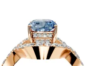 Halo Engagement Ring Setting for Fancy Blue Cushion Cut Center with Pave Infinity Twist Band and Prong Head in Rose Gold