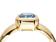 Solitaire Engagement Ring Setting for Fancy Blue Emerald Cut Center with Wide Band and Bezel Head in Yellow Gold