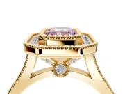 Halo Engagement Ring Setting for Fancy Pink Emerald Cut Center with Milgrain Frame, Pave Band and Prong Head in Yellow Gold