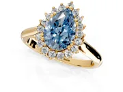 Starburst Halo Engagement Ring Setting for Fancy Blue Pear-Shaped Center with Thin Round-Wire Band and Prong Head in Yellow Gold