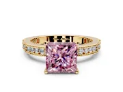 Solitaire Engagement Ring Setting for Fancy Pink Princess Cut Center with Milgrain-Edged Pave Band and Prong Head in Yellow Gold
