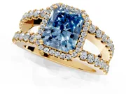 Halo Engagement Ring Setting for Fancy Blue Radiant Cut Center with Wide-Open Pave Split Shank and Prong Head in Yellow Gold