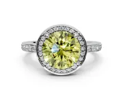 Halo Engagement Ring Setting for Fancy Yellow Round Cut Center with Metal-Rimmed Halo, Pave Band and Prong Head in Platinum