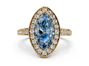 Bezel-Framed Halo Engagement Ring Setting for Fancy Blue Marquise Center with Pave Band and Prong Head in Yellow Gold