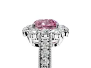 Halo Engagement Ring Setting for Fancy Pink Cushion Cut Center with Milgrain Channel Band and Prong Head in Sterling Silver