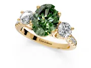 3 Stone Engagement Ring Setting for Fancy Green Oval Center with Crossover Basket, Pave Band and Prong Head in Yellow Gold