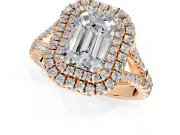 Double Halo Engagement Ring Setting for Emerald Cut Center with Narrow Pave Split Shank and Prong Head in Rose Gold