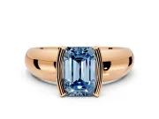Tension Engagement Ring Setting for Fancy Blue Emerald Cut Center with Wide Flat Band and Tension Head in Rose Gold