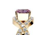 Halo Engagement Ring Setting for Fancy Pink Emerald Cut Center with Pave Infinity Twist Band and Prong Head in Yellow Gold