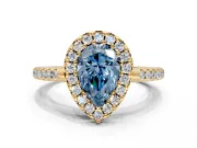 Pave Halo Engagement Ring Setting for Fancy Blue Pear-Shaped Center with Single Row Pave Band and Prong Head in Yellow Gold