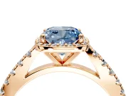 Halo Engagement Ring Setting for Fancy Blue Cushion Cut Center with Full Pave Band and Prong Head in Rose Gold