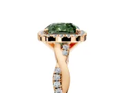 Halo Engagement Ring Setting for Fancy Green Cushion Cut Center with Pave and Plain Twist Band and Prong Head in Rose Gold