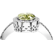 Halo Engagement Ring Setting for Fancy Yellow Oval Center with Heart-Shaped Openwork, Pave Band and Prong Head in Platinum
