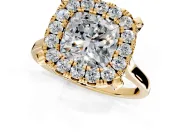 Single Halo Engagement Ring Setting for Cushion Cut Center with Corner Claws, Plain Band and Prong Head in Yellow Gold