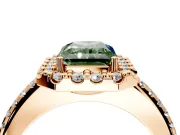 Pave Halo Engagement Ring Setting for Fancy Green Radiant Cut Center with Single Row Pave Band and Prong Head in Rose Gold