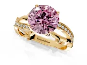 Solitaire Engagement Ring Setting for Fancy Pink Round Cut Center with Pave and Plain Crossover Band and Prong Head in Yellow Gold