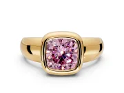 Solitaire Engagement Ring Setting for Fancy Pink Cushion Cut Center with Wide Band and Bezel Head in Yellow Gold