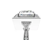 Halo Engagement Ring Setting for Princess Cut Center with Milgrain Rim, Pave Band and Prong Head in White Gold