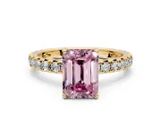 Solitaire Engagement Ring Setting for Fancy Pink Emerald Cut Center with Shared-Prong Accents and Prong Head in Yellow Gold