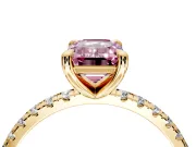 Solitaire Engagement Ring Setting for Fancy Pink Emerald Cut Center with Fine Pave Narrow Band and Prong Head in Yellow Gold