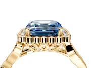 Halo Engagement Ring Setting for Fancy Blue Asscher Cut Center with Leaf Motif Split Shank and Prong Head in Yellow Gold