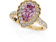 Milgrain Floral Halo Engagement Ring Setting for Fancy Pink Pear-Shaped Center with Pave Band and Prong Head in Yellow Gold