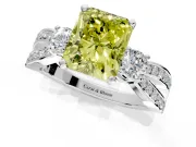 3 Stone Engagement Ring Setting for Fancy Yellow Radiant Cut Center with Pave Twist Band and Prong Head in White Gold