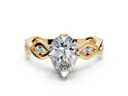 Solitaire Engagement Ring Setting for Pear-Shaped Center with Accented Twist Band and Leaf Prong Head in Yellow Gold