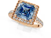 Milgrain Floral Halo Engagement Ring Setting for Fancy Blue Asscher Cut Center with Pave Band and Prong Head in Rose Gold