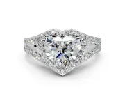 Halo Engagement Ring Setting for Heart-Shaped Center with Narrow Pave Split Shank and Prong Head in White Gold