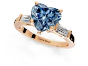 3 Stone Engagement Ring Setting for Fancy Blue Heart-Shaped Center with Channel Baguette Accents and Prong Head in Rose Gold