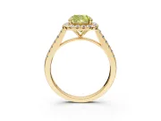 Halo Engagement Ring Setting for Fancy Yellow Cushion Cut Center with Narrowing Pave Band and Prong Head in Yellow Gold