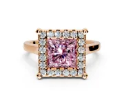 Single Halo Engagement Ring Setting for Fancy Pink Princess Cut Center with Corner Claws, Plain Band and Prong Head in Rose Gold