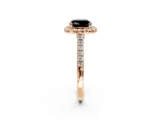 Halo Engagement Ring Setting for Fancy Black Cushion Cut Center with Narrowing Pave Band and Prong Head in Rose Gold