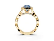 Halo Engagement Ring Setting for Fancy Blue Radiant Cut Center with Twist Band and Prong Head in Yellow Gold