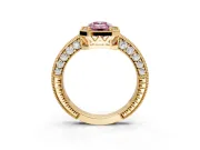 Milgrain Halo Engagement Ring Setting for Fancy Pink Emerald Cut Center with Wide Pave Band and Prong Head in Yellow Gold