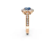 Halo Engagement Ring Setting for Fancy Blue Cushion Cut Center with Milgrain Channel Band and Prong Head in Rose Gold