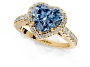 Halo Engagement Ring Setting for Fancy Blue Heart-Shaped Center with Full Pave Band and Prong Head in Yellow Gold