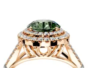 Double Halo Engagement Ring Setting for Fancy Green Round Cut Center with Narrow Pave Split Shank and Prong Head in Rose Gold