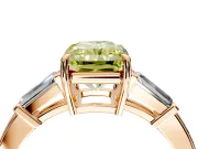 3 Stone Engagement Ring Setting for Fancy Yellow Radiant Cut Center with Baguette Accents and Prong Head in Rose Gold